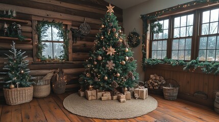 Rustic Christmas tree adorned with natural elements like pine cones, wooden ornaments, and burlap ribbons, set in a cozy cabin