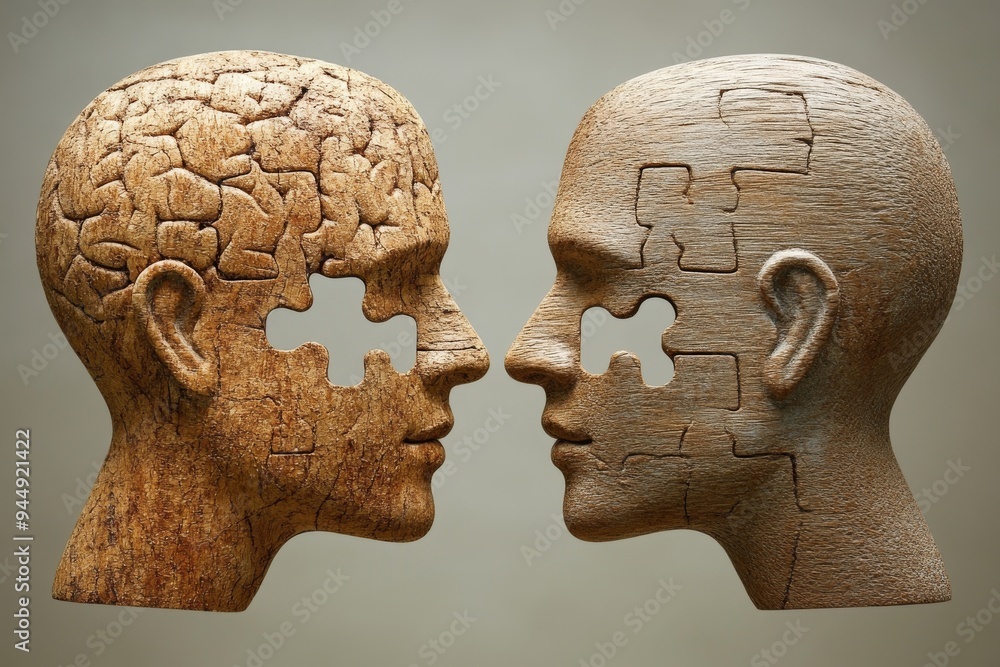 Aufkleber abstract illustration of two heads with puzzle features highlighting cognitive problem solving thoug