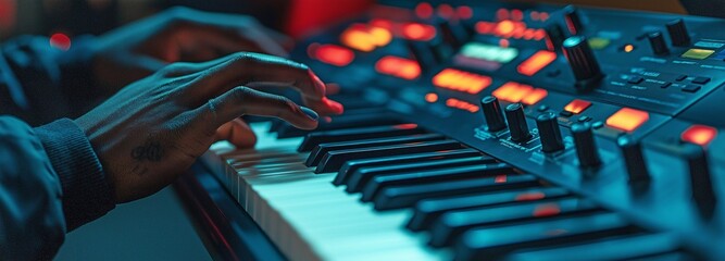Using piano synthesiser keys, an African American audio specialist adds sound effects during post-production