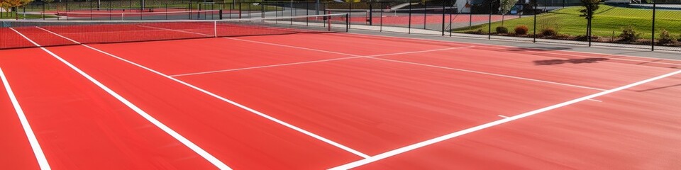 Brightly colored outdoor tennis courts featuring red surfaces, white markings, and gray lines for pickleball.