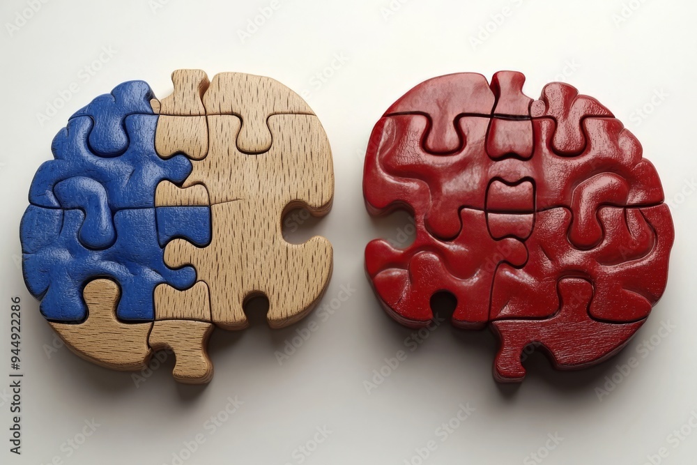 Poster wooden and metallic puzzle brain models representing cognitive differences thought processes and the