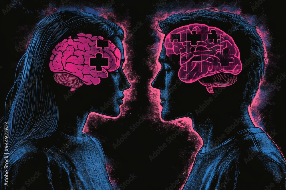 Poster dual exposure portrait of a couple with glowing brain patterns highlighting cognitive connection emo