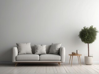 Minimalist Living Room with White Sofa, Plant, and Side Table