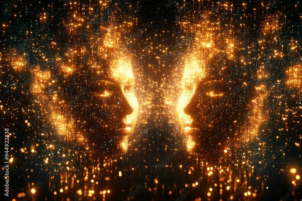 Poster abstract digital artwork of two faces made of light particles representing cognitive duality emotion