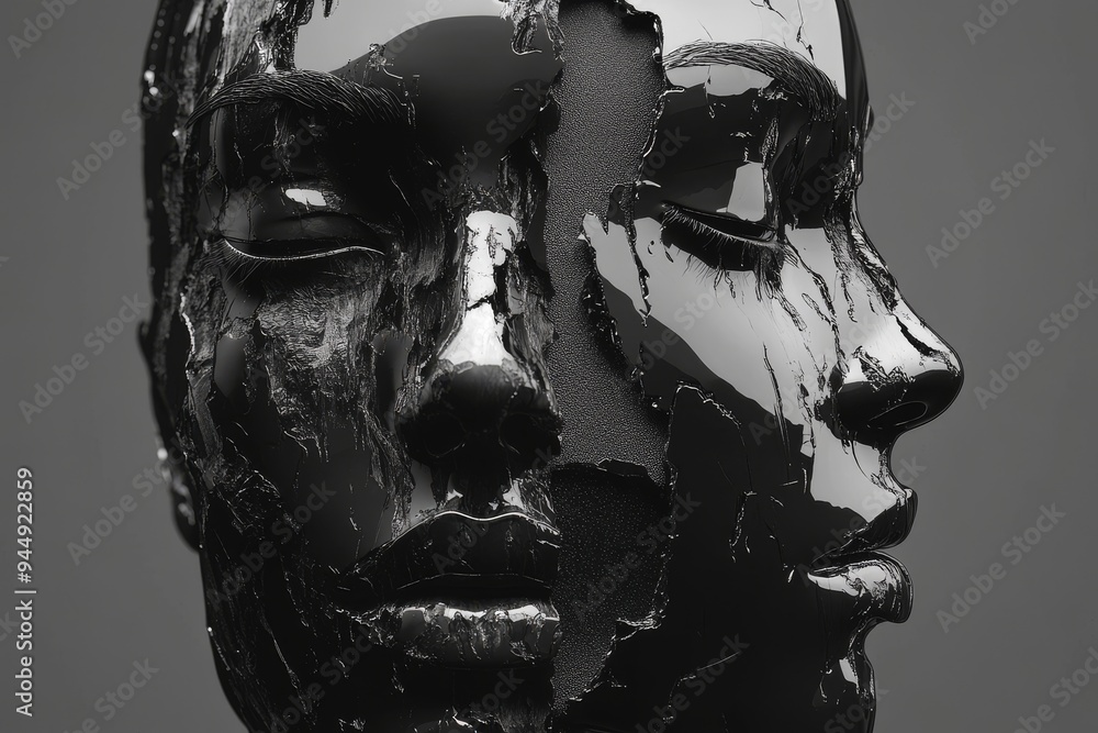 Poster metallic portrait with fragmented faces representing identity crisis cognitive dissonance and the fr