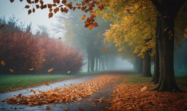 Leaves fall on a foggy path in a park