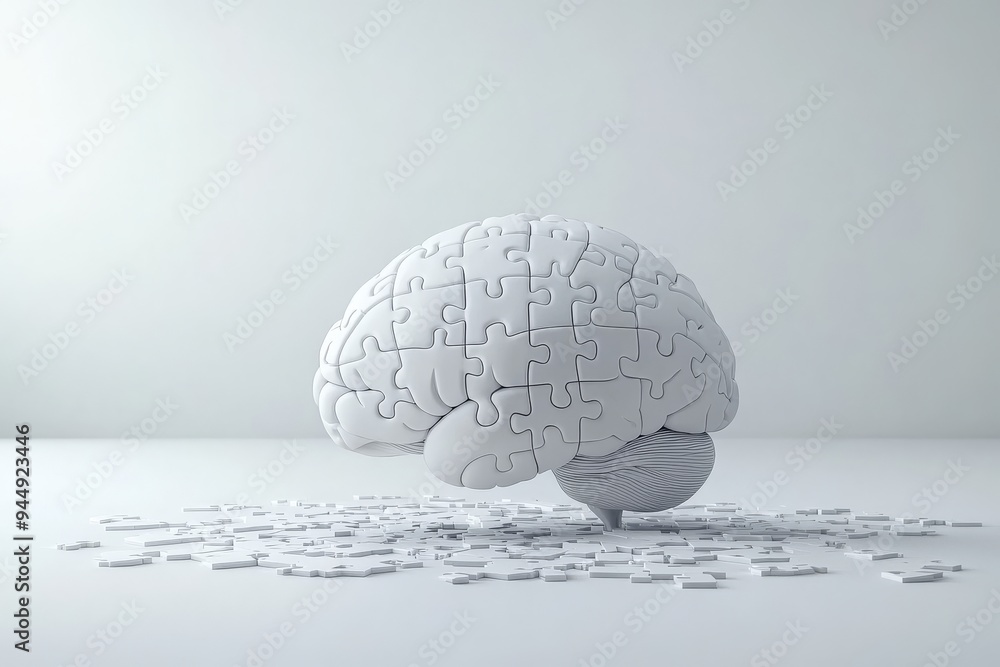 Poster minimalistic white brain puzzle sculpture on a flat surface highlighting cognitive simplicity mental