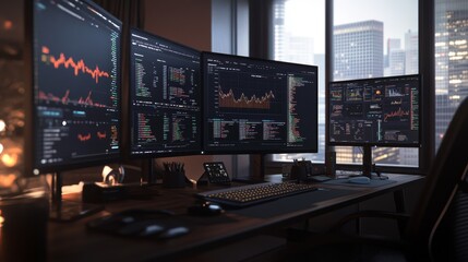 Multiple monitors displaying financial software, creating a professional environment. The screen is filled with charts, graphs and data, emphasizing financial analysis and trading activities.