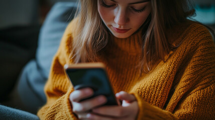 A young woman in a cozy sweater focused on her smartphone while sitting comfortably at home in the afternoon light