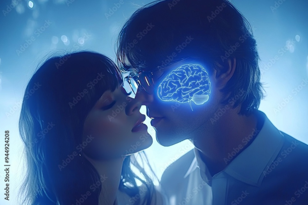 Poster romantic portrait of a couple with visible brain patterns representing cognitive connection emotiona