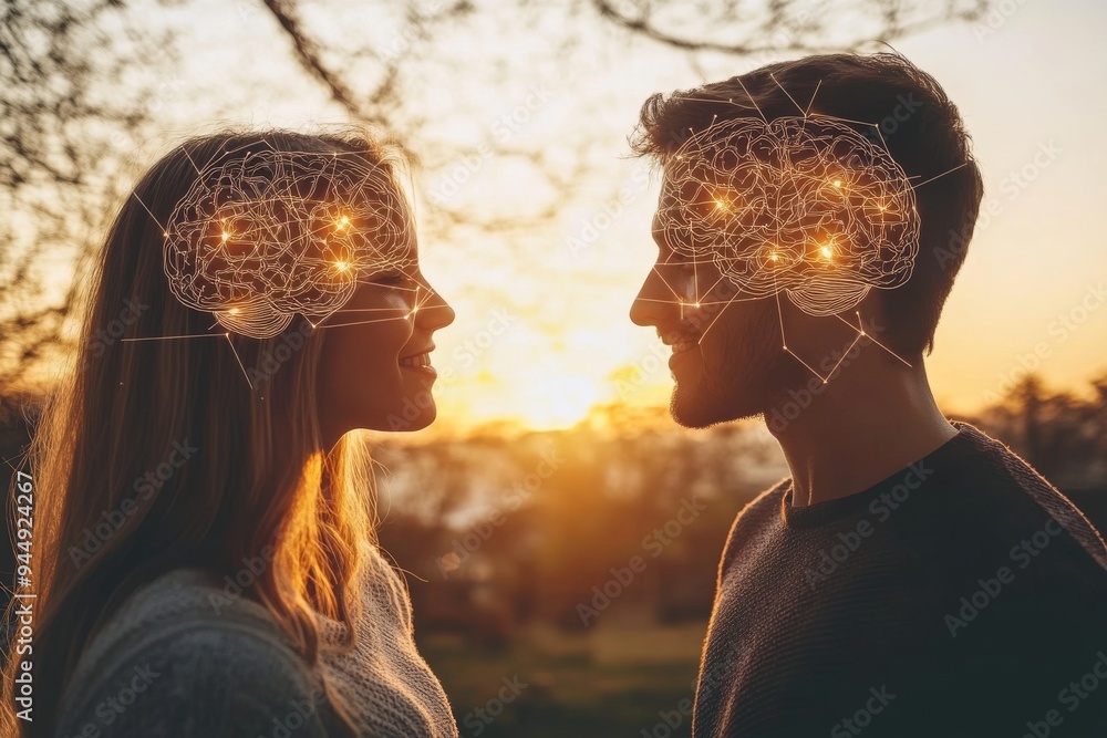 Poster digital visualization of two heads in a sunset setting highlighting cognitive connectivity emotional