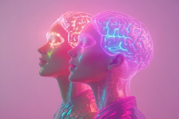 Obraz premium Vibrant Neon Brain Silhouettes with Divergent Thoughts Illustrating Creative Thinking and Mental Diversity