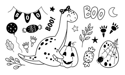 Black and white Halloween clipart. Black Halloween dinosaur clipart. Kids Halloween doodle. Hand drawn vector illustration.
