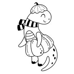 Black and white Halloween dinosaur clipart. Black dinosaur clipart. Kids Halloween doodle. Hand drawn vector illustration.