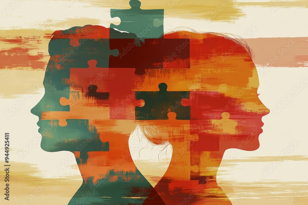 Poster abstract colorful portrait blending into puzzle pieces exploring identity and psychological complexi