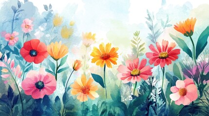 Watercolor illustration of vibrant flowers in a garden setting