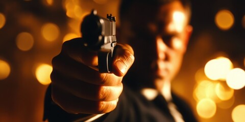 Naklejka premium A dramatic close-up of a figure aiming a gun, surrounded by soft bokeh lights, conveying intensity and suspense.