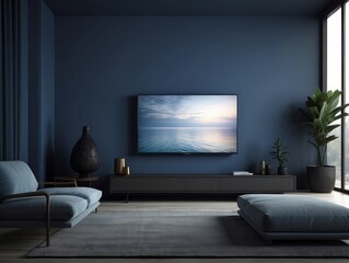 Modern Living Room with Blue Walls, Couch, and TV Showing Seascape