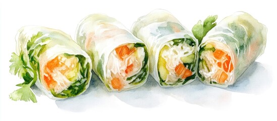 Watercolor illustration of fresh spring rolls featuring a hand drawn representation of Asian cuisine presented on a white background
