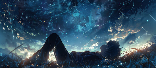 Starry night sky fantasy astrological sign with anime boy in park