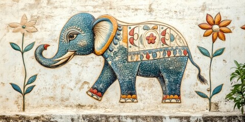 Fototapeta premium Elegant Madhubani Elephant Artwork: Traditional Indian Folk Art on Textured Background. Vibrant Cultural Design for Scarf Patterns, Children's Book Illustrations, and Ethnic Decor. Creative Animal Mot