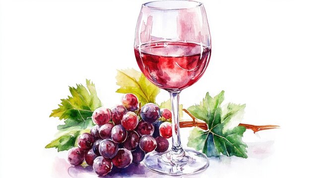 Watercolor illustration of a red wine glass accompanied by a cluster of grapes on a white background Design elements suitable for invitations advertisements and promotions related to wine juice co
