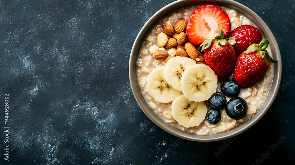 Poster a bowl of hearty oatmeal topped with an array of vibrant fruits like strawberries blueberries and ra