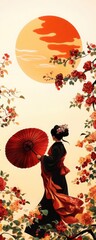 A serene scene of a woman in traditional attire holding a parasol, surrounded by blooming flowers under a sunset.