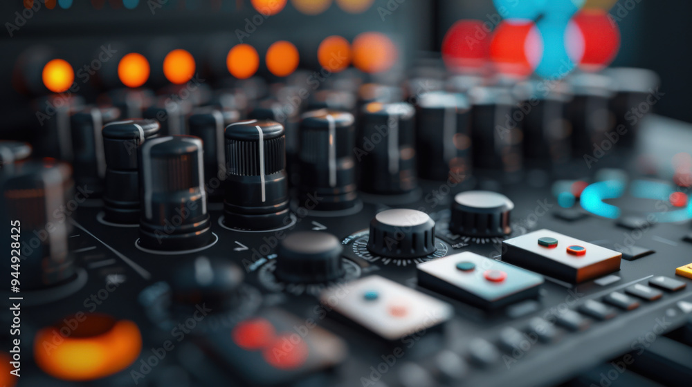 Poster detailed shot of an audio mixing console with illuminated knobs and buttons, showcasing the technica