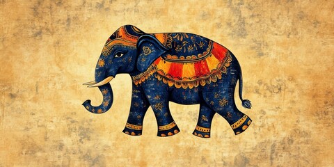 Obraz premium Elegant Madhubani Elephant Artwork: Traditional Indian Folk Art on Textured Background. Vibrant Cultural Design for Scarf Patterns, Children's Book Illustrations, and Ethnic Decor. Creative Animal Mot