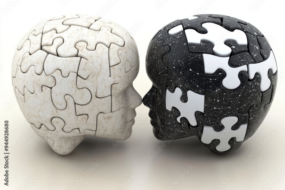 Poster interlocking white and black brain puzzles on a textured background exploring racial and cognitive d