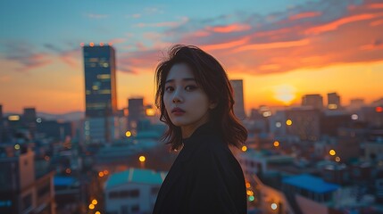 A dramatic photograph of a Korean model standing on a rooftop with the Seoul skyline in the background. The model is dressed in fashionable attire,