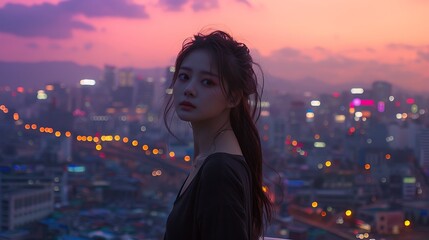 A dramatic photo of a Korean model standing on a rooftop, with the Seoul skyline stretching out behind her.