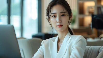Naklejka premium A dynamic image of a Korean model in a contemporary office, sitting on a sleek chair with a laptop on her lap.