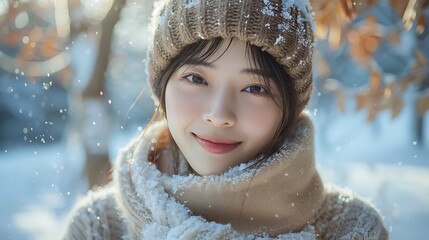 A dynamic photograph of a Korean model in a winter wonderland, surrounded by snow-covered trees and ground. The model's stylish winter attire and cheerful expression capture the joy of the season.