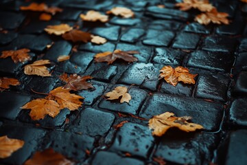 Autumn leaves resting on wet cobblestone pavement after a light rain in a tranquil neighborhood setting