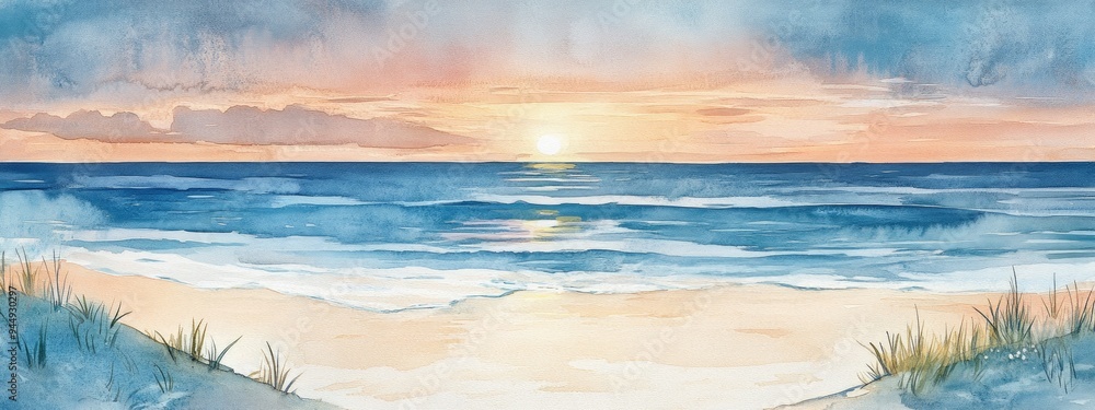 Wall mural watercolor illustration of an evening over a tranquil sea and glistening sand