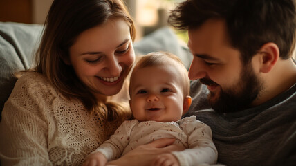 Obraz premium A joyful family moment featuring parents cuddling with their smiling baby at home on a cozy afternoon