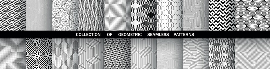 Geometric set of seamless black and white patterns. Simple vector graphics.