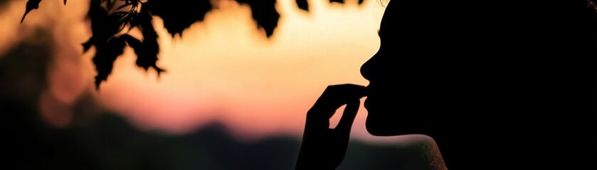 Silhouette of a woman against a vibrant sunset, capturing a moment of reflection and serenity in nature's embrace.
