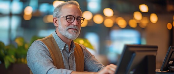 An elderly, retired man checks guests in at the lobby of a fancy hotel.