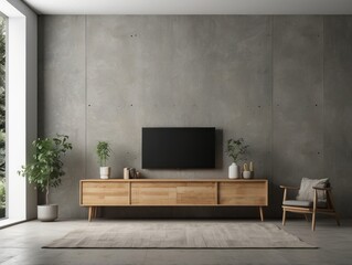 Modern Living Room with Concrete Wall, Wooden TV Stand, and Flat Screen Television