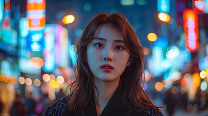 A Korean model in contemporary street fashion, standing against the vibrant backdrop of Seoul's bustling streets.