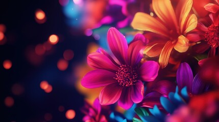 Vibrant close-up of colorful flowers in a dreamy background, showcasing the beauty and diversity of nature's blossoms.