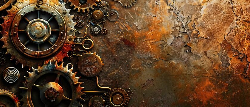 Rusty Steampunk Gears on Cracked Metallic Surface