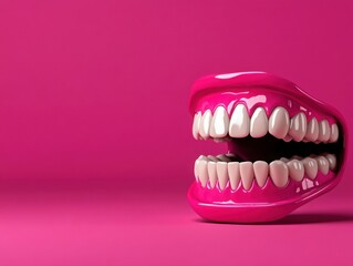 Obraz premium Vibrant pink mouth sculpture displays an array of white teeth, adding a playful touch to dental art and design.