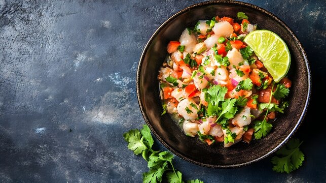 Closeup of a bowl or plate filled with a classic ceviche dish featuring fresh seafood marinated in a zesty lime and cilantro mixture ready to be served as a flavorful appetizer or light meal