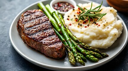 Delicious Grilled Steak Dinner Plate with Tender Asparagus Spears and Fluffy Mashed Potatoes Served on a White Background with Copy Space