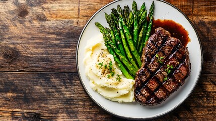 Grilled steak dish with roasted asparagus and creamy mashed potatoes served beautifully on a ceramic plate or platter with empty copy space or background for your text or logo