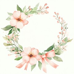 Naklejka premium A beautiful watercolor floral wreath design featuring soft pink flowers and delicate greenery, perfect for invitations and decor.
